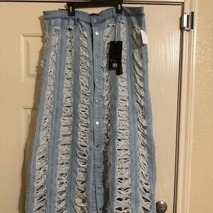 Stylish Light Blue Button Front Distressed Maxi Skirt